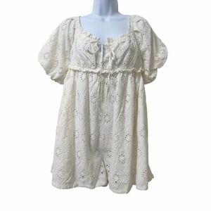 Anthropologie Pilcro Puff Sleeve Smocked Eyelet Romper Size S White Boho NEW